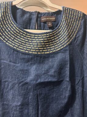 Dana Buchman Navy Denim Top with Yellow Embroidered Collar